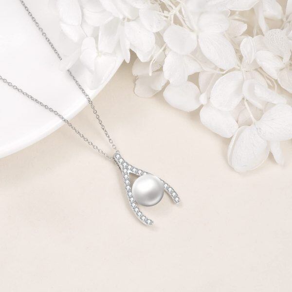 Sterling Silver Wishbone Freshwater Pearl Pendant Necklace-4