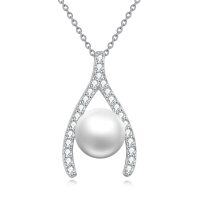 wholesale 925 Sterling Silver Freshwater Pearl Wishbone Pendant Necklace s for Her- Rhodium Plated