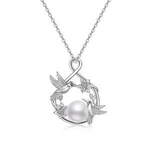 Sterling Silver Hummingbird Freshwater Pearl Pendant Necklace-0