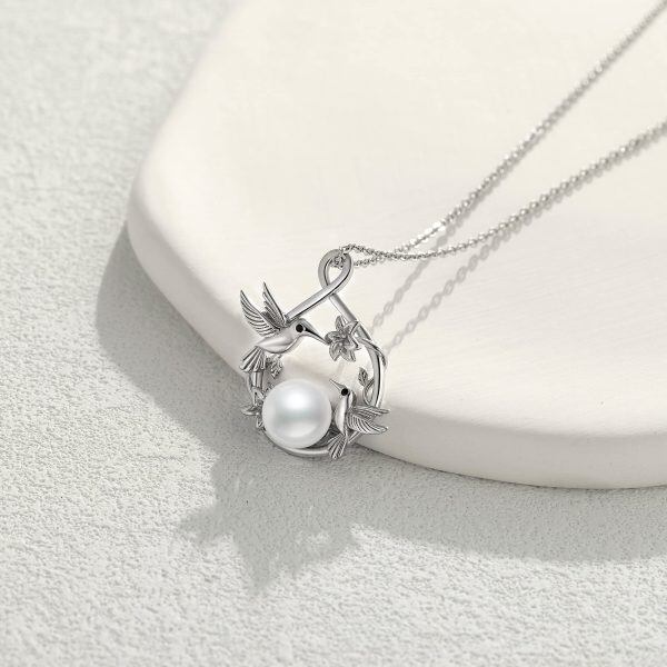 Sterling Silver Hummingbird Freshwater Pearl Pendant Necklace-3