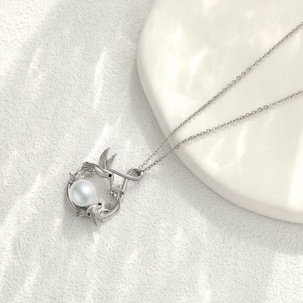 Sterling Silver Hummingbird Freshwater Pearl Pendant Necklace-4