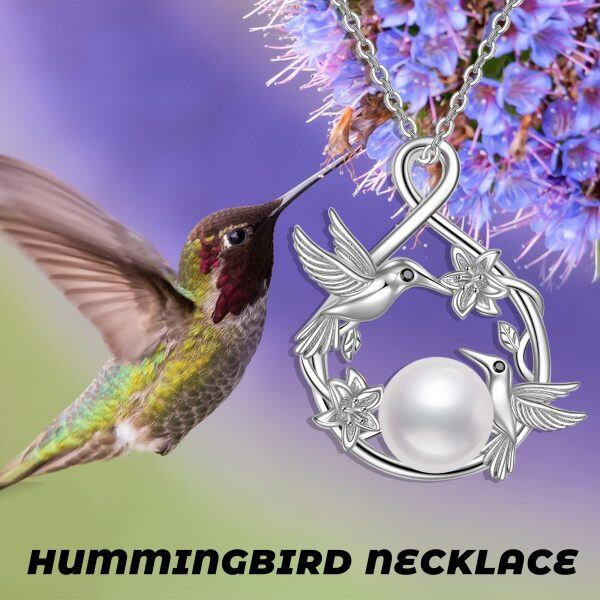 Sterling Silver Hummingbird Freshwater Pearl Pendant Necklace-5