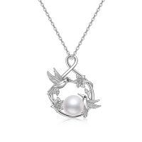 wholesale 925 Sterling Silver Freshwater Pearl Hummingbird Flower Pendant Necklace for Women Girls- Rhodium Plated