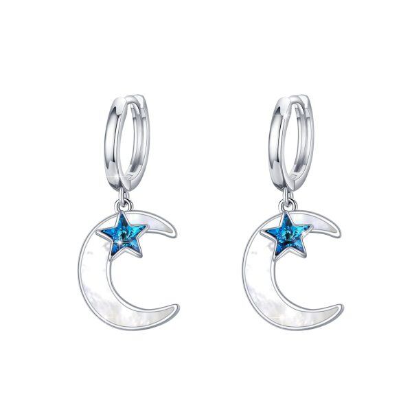 Sterling Silver Mother of Pearl Moon Star Drop Earrings-0