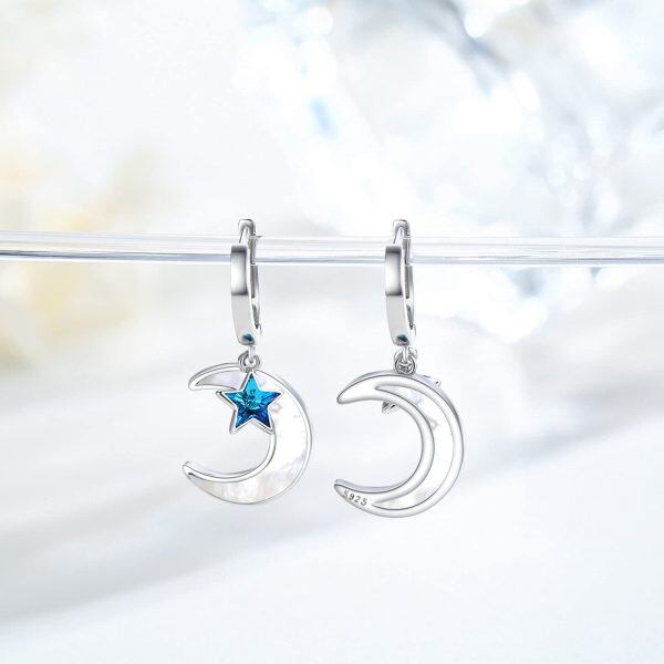 Sterling Silver Mother of Pearl Moon Star Drop Earrings-4