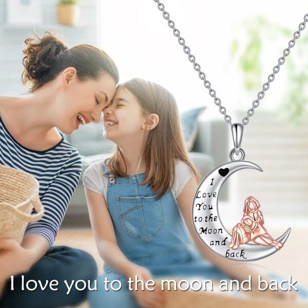 Sterling Silver Moon Mom Daughter Pendant Necklace-5