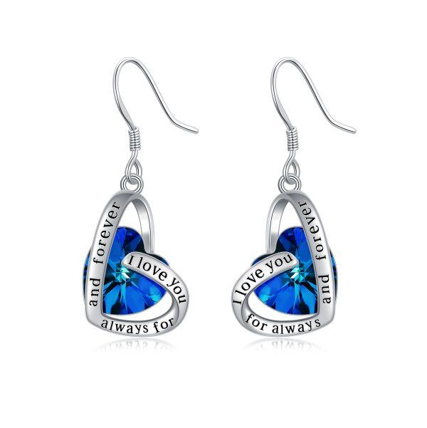 Sterling Silver Blue Crystal Heart Dangle Earrings-0