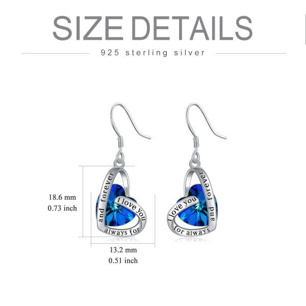 Sterling Silver Blue Crystal Heart Dangle Earrings-1