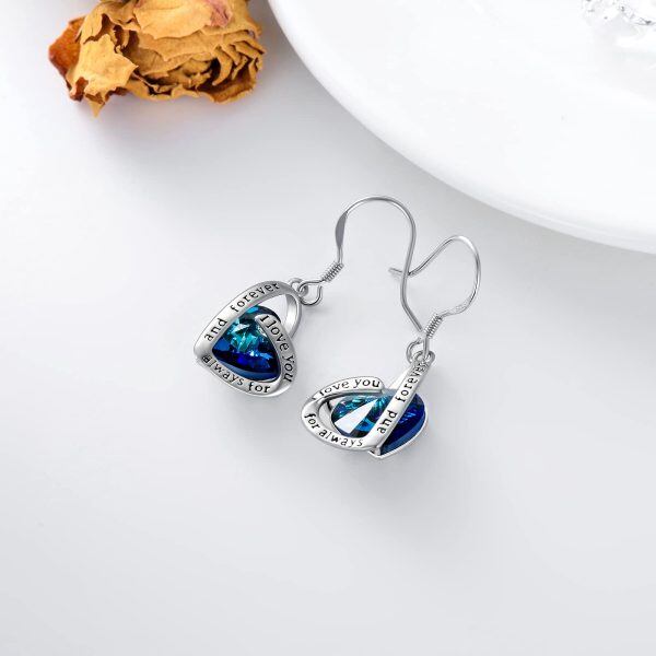 Sterling Silver Blue Crystal Heart Dangle Earrings-3