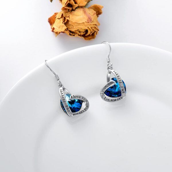 Sterling Silver Blue Crystal Heart Dangle Earrings-4