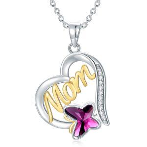 Sterling Silver Butterfly Crystal & Mom Heart Pendant Necklace-0