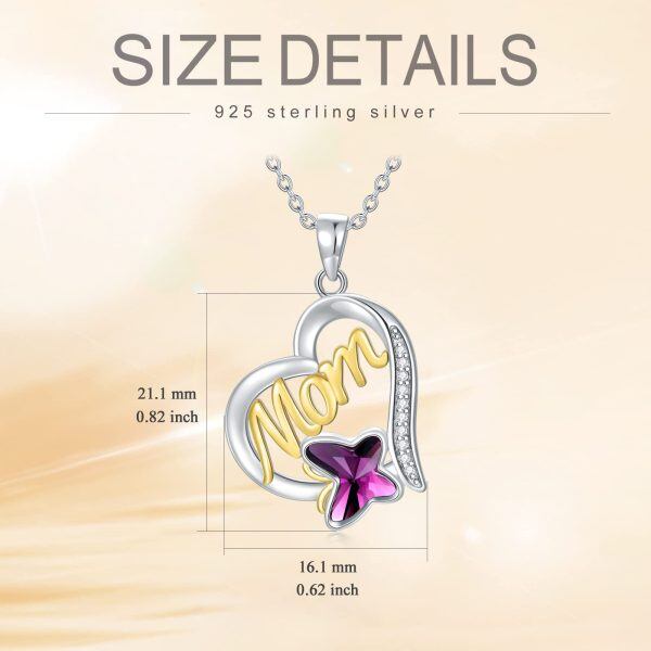 Sterling Silver Butterfly Crystal & Mom Heart Pendant Necklace-1