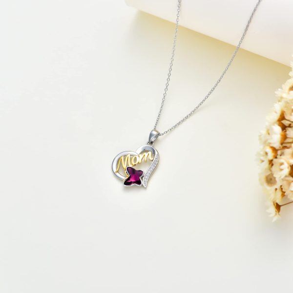 Sterling Silver Butterfly Crystal & Mom Heart Pendant Necklace-3