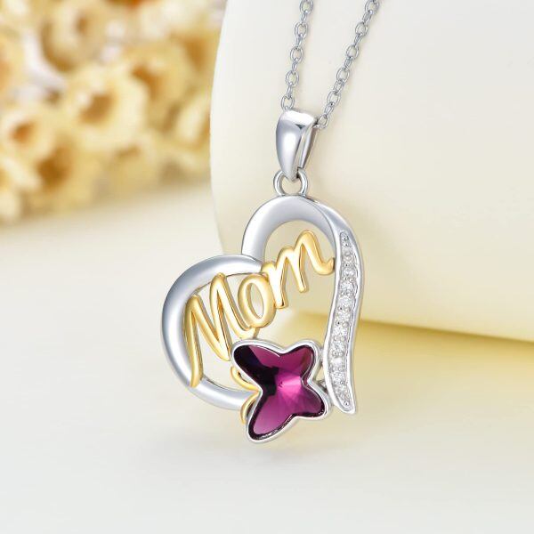 Sterling Silver Butterfly Crystal & Mom Heart Pendant Necklace-4