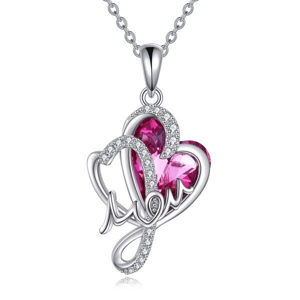 Sterling Silver Mom Crystal Heart Pendant Necklace-0