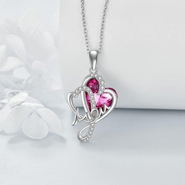 Sterling Silver Mom Crystal Heart Pendant Necklace-3