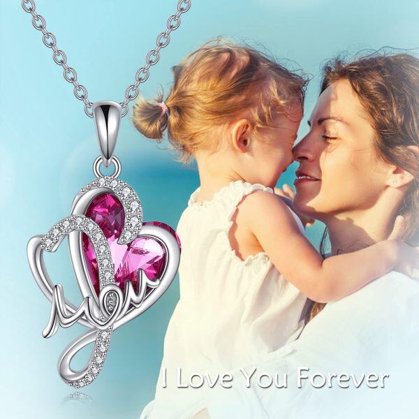 Sterling Silver Mom Crystal Heart Pendant Necklace-5