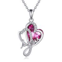wholesale 925 Sterling Silver Pink Heart Love Pendant Necklace Mother Daughter Gifts- Rhodium Plated
