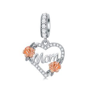 Sterling Silver Rose Flower Mom Heart Dangle Charms-0