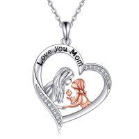 wholesale 925 Sterling Silver CZ Love You Mom Mother Daughter Heart Pendant Necklace- Rhodium And Rose Gold Plated