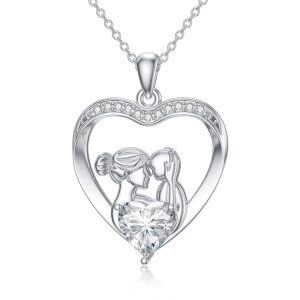 Sterling Silver Mom Baby Heart Pendant Necklace-0