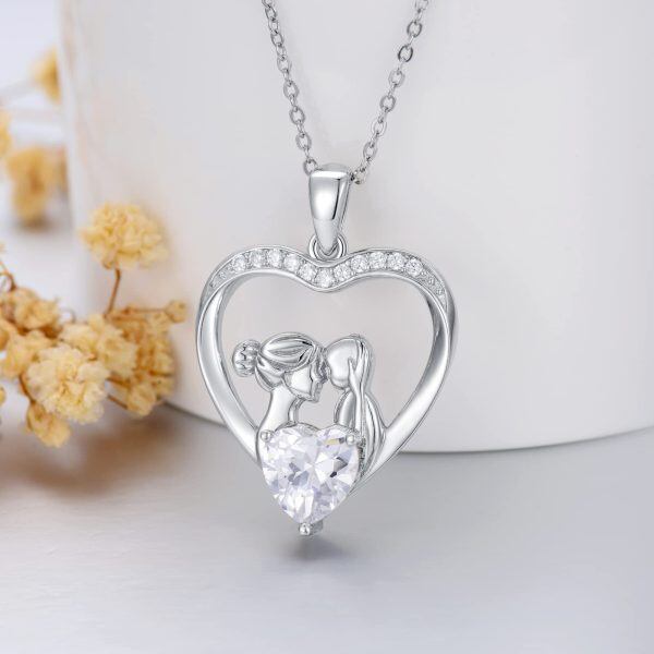 Sterling Silver Mom Baby Heart Pendant Necklace-3