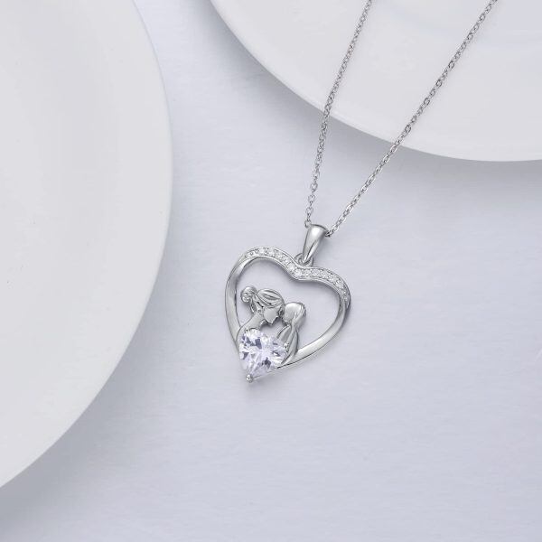 Sterling Silver Mom Baby Heart Pendant Necklace-4