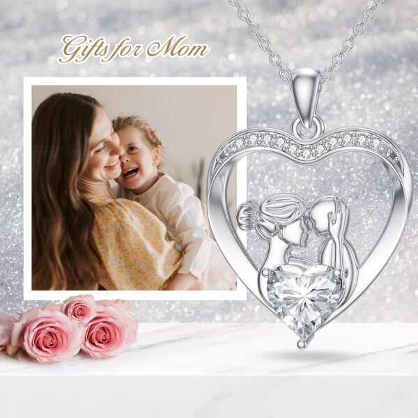 Sterling Silver Mom Baby Heart Pendant Necklace-5