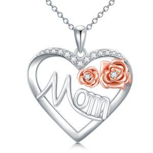 Sterling Silver Rose Flower Mom Heart Pendant Necklace-0