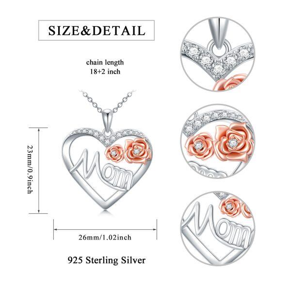 Sterling Silver Rose Flower Mom Heart Pendant Necklace-1