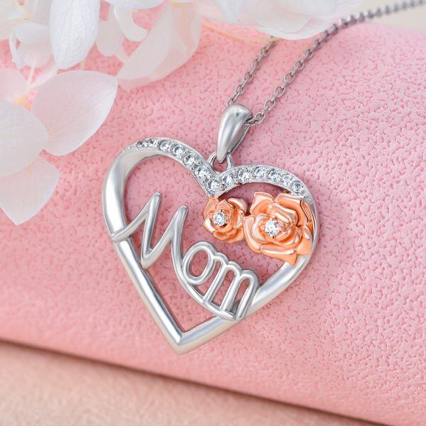 Sterling Silver Rose Flower Mom Heart Pendant Necklace-3