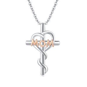 Sterling Silver Mom Heart Cross Pendant Necklace-0