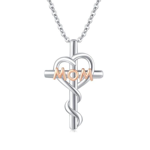 Sterling Silver Mom Heart Cross Pendant Necklace-0