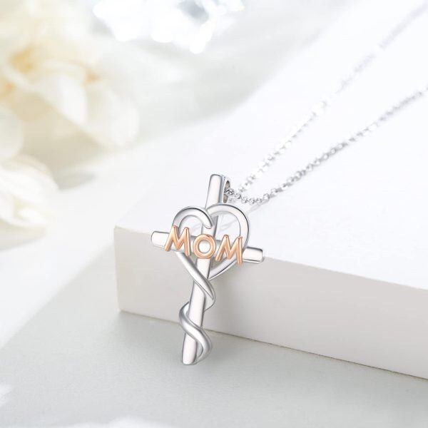 Sterling Silver Mom Heart Cross Pendant Necklace-3