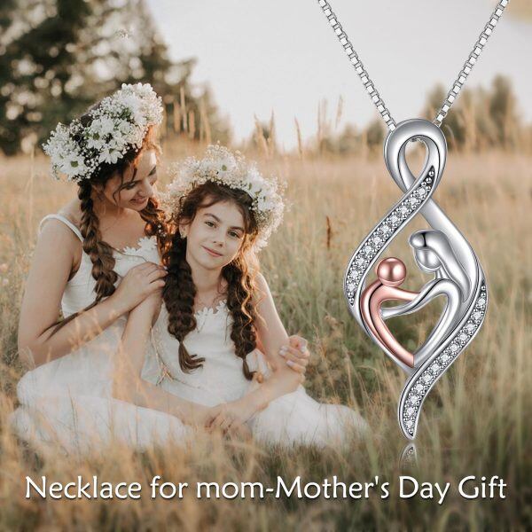 Sterling Silver Moissanite Mom Baby Pendant Necklace-5