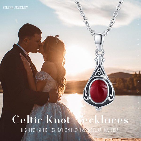 Sterling Silver Celtic Knot Dark Red Agate Pendant Necklace-5