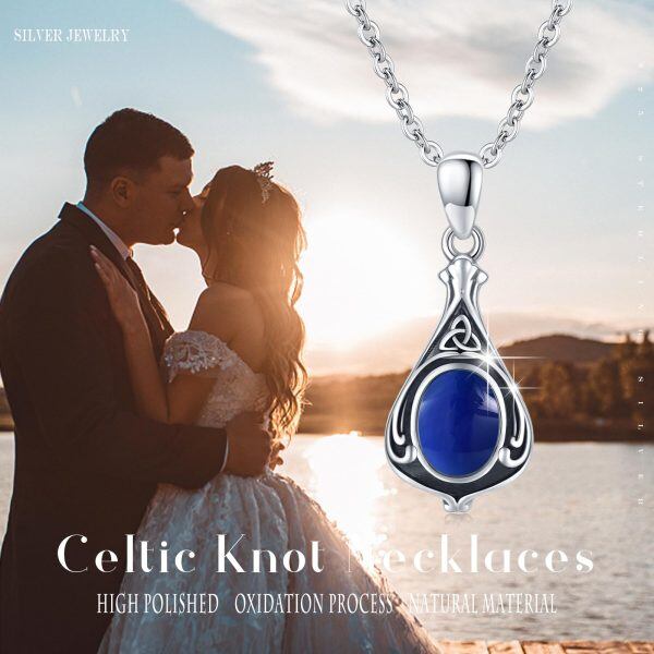 Sterling Silver Celtic Knot Blue Agate Pendant Necklace-5