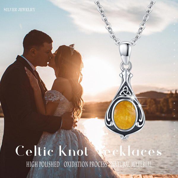 Sterling Silver Celtic Knot Yellow Agate Pendant Necklace-5