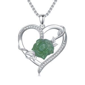 Sterling Silver Hetian Jade Rose Heart Pendant Necklace-0