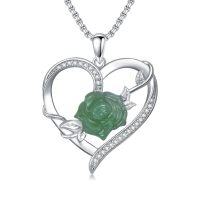 wholesale 925 Sterling Silver Heart-Shaped Necklace w/ Green Jade Rose & Cubic Zirconia Stones for Women- Rhodium Plated
