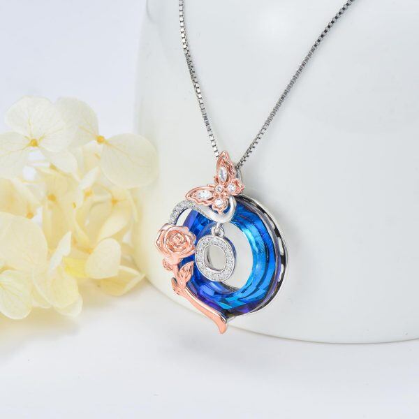 Sterling Silver Initial Alphabet Letter "O" Pendant Necklaces with Blue Circle Crystal-3