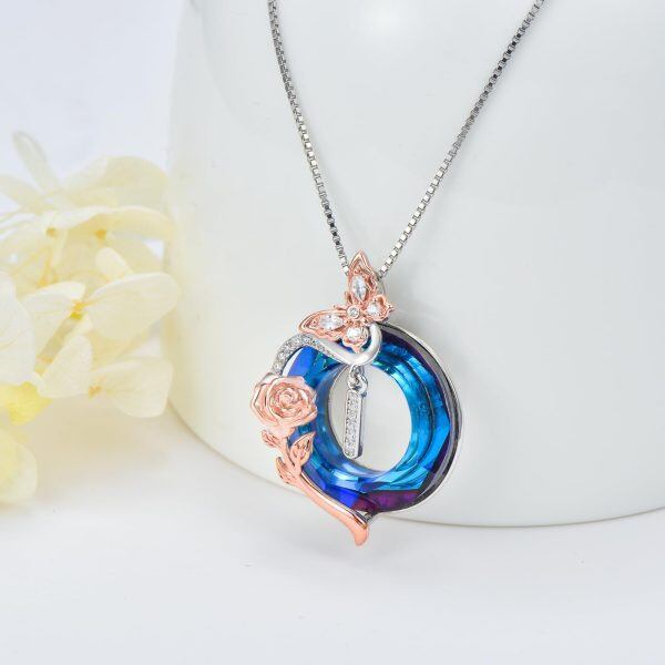 Sterling Silver Initial Alphabet Letter " I " Pendant Necklaces with with Blue Circle Crystal-3