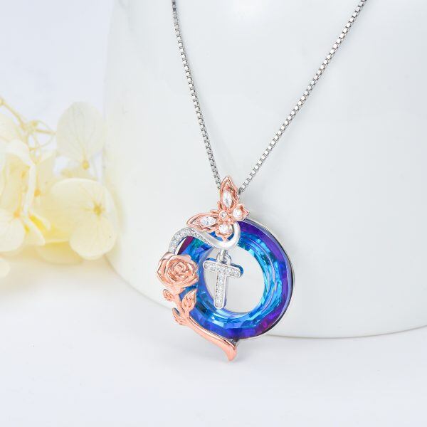 Sterling Silver Initial Alphabet Letter "T" Pendant Necklaces with with Blue Circle Crystal-2