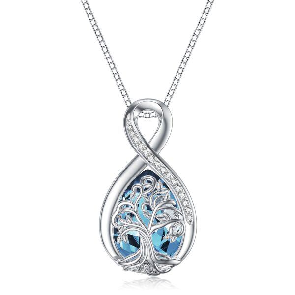 Sterling Silver Infinity Tree of Life Teardrop Pendant Necklace with March Birthstone-0