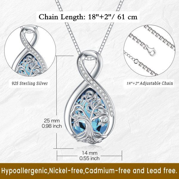 Sterling Silver Infinity Tree of Life Teardrop Pendant Necklace with March Birthstone-1