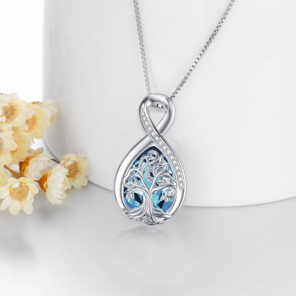 Sterling Silver Infinity Tree of Life Teardrop Pendant Necklace with March Birthstone-4