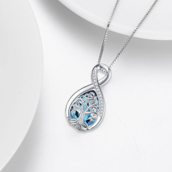 Sterling Silver Infinity Tree of Life Teardrop Pendant Necklace with March Birthstone-5