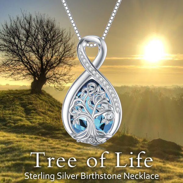 Sterling Silver Infinity Tree of Life Teardrop Pendant Necklace with March Birthstone-6