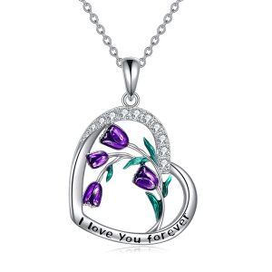 Sterling Silver Purple Tulips Heart Pendant Necklace-0