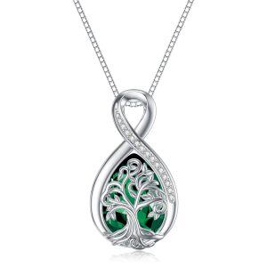 Sterling Silver Infinity Tree of Life Teardrop Pendant Necklace with May Birthstone-0